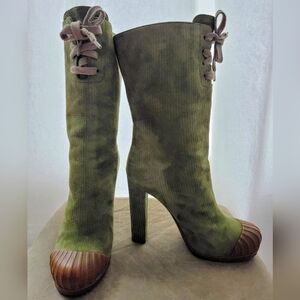 Fendi Green Corduroy Textured Suede Rubber Toe Lace Up Boots Size 37.5 EU